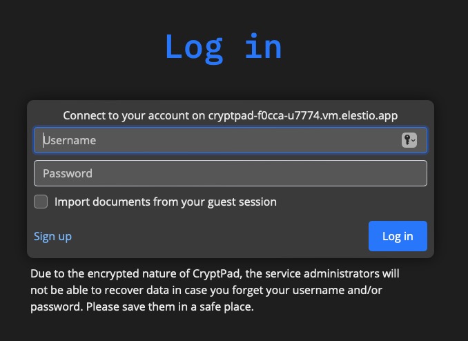 CryptPad login screen