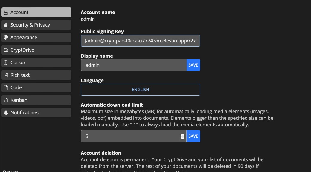 CryptPad settings screen