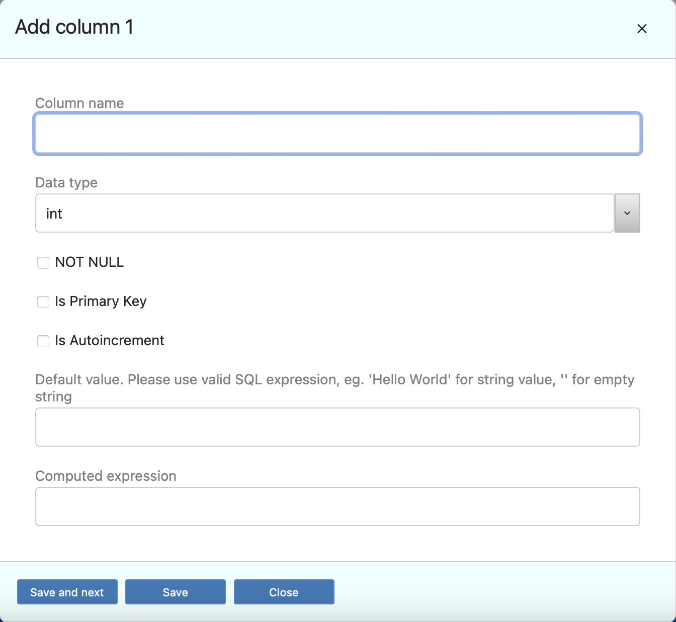 DBGate Adding Column screen