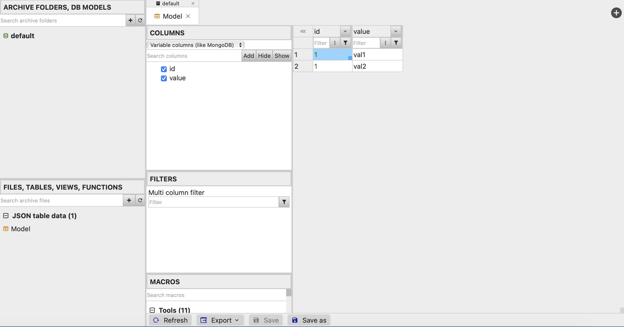 DBGate JSON Table screen