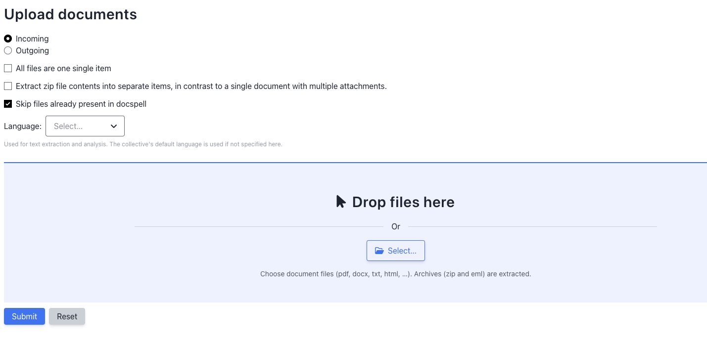 Docspell Upload document Screen