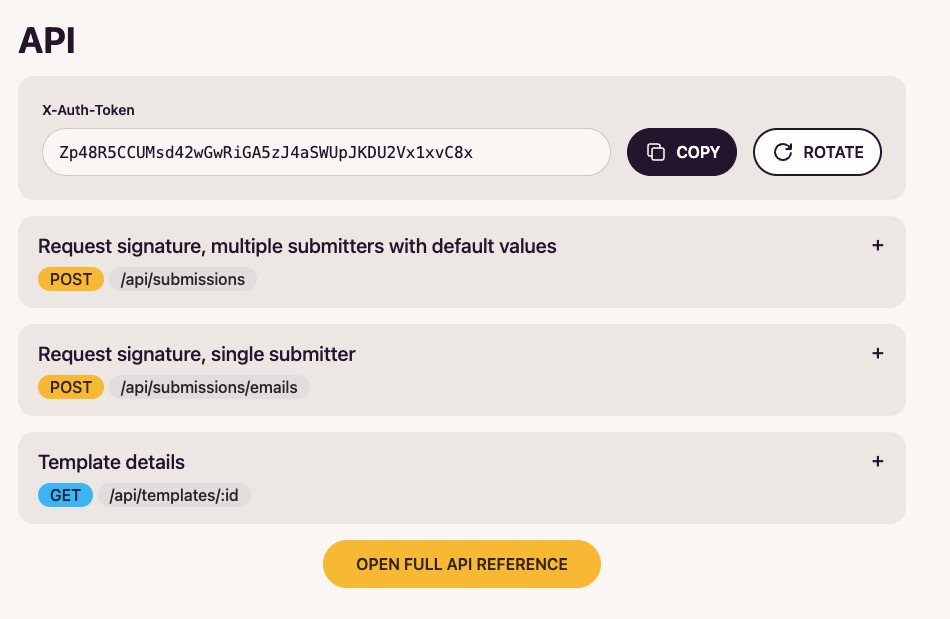 Docuseal creating API screen