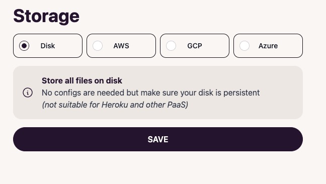 Docuseal configuration Storage screen