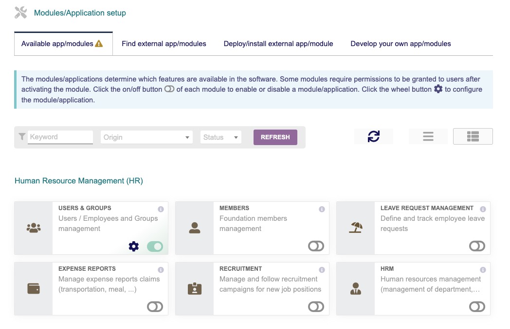 Dolibarr modules and Application Setup screen