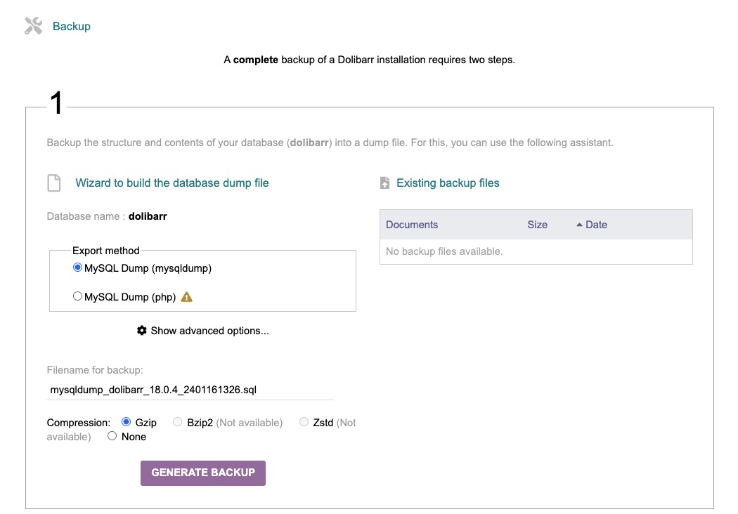 Dolibarr Backups screen