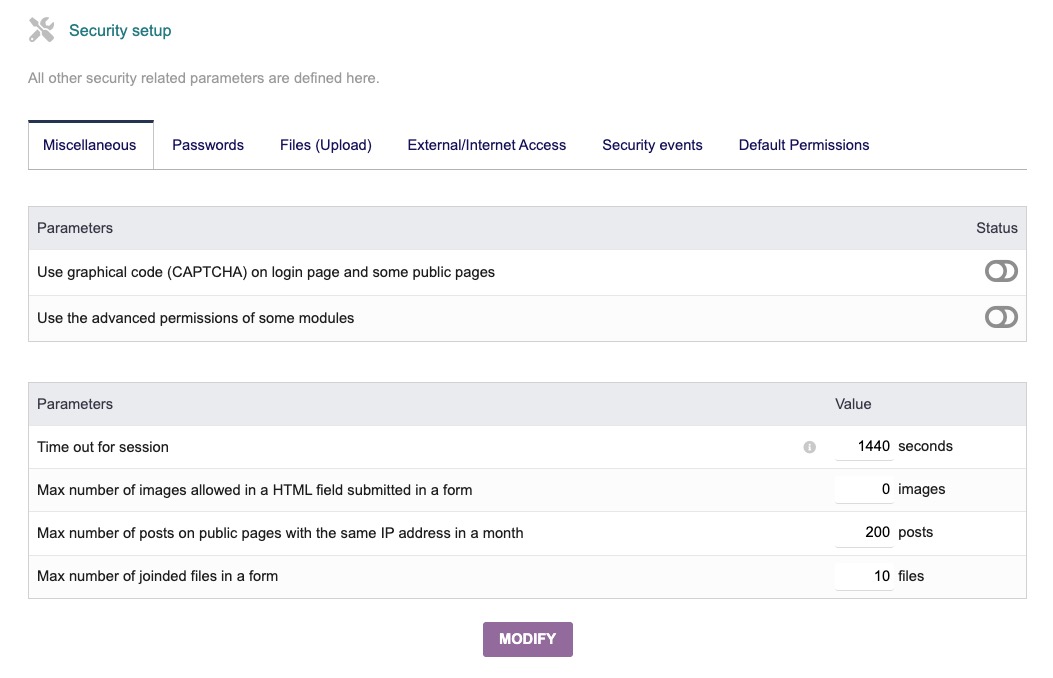 Dolibarr Security setup screen