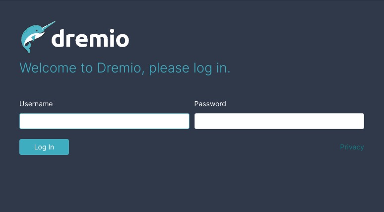 Dremio Login In screen