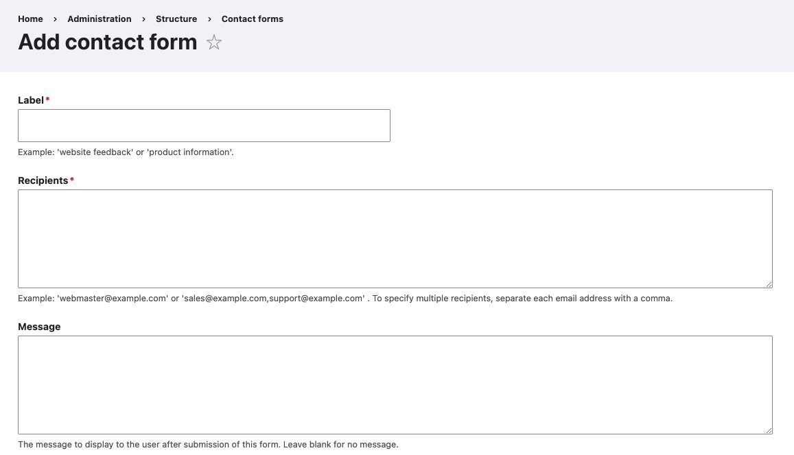 Drupal Adding Contact Form screen