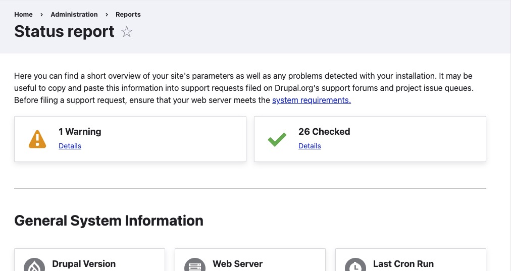 Drupal Status Report screen