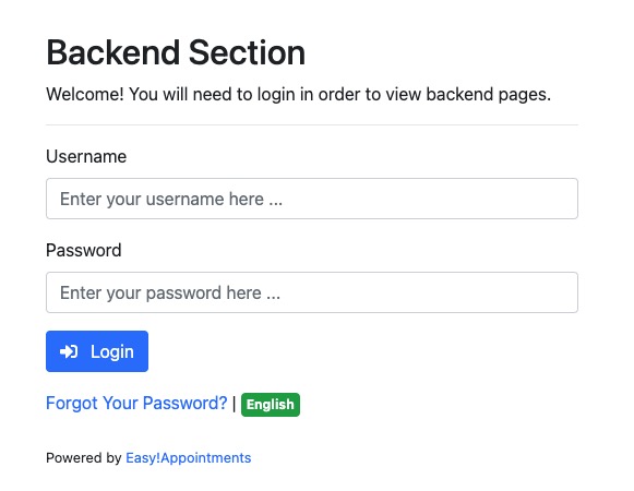 EasyAppointments Login In screen