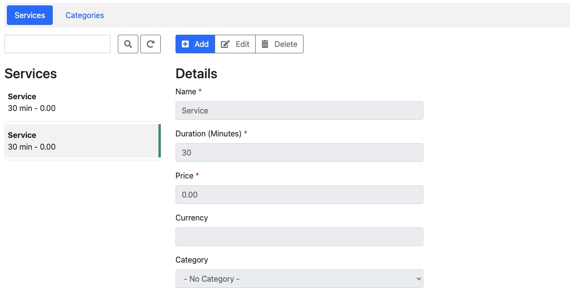 EasyAppointments creating Services screen