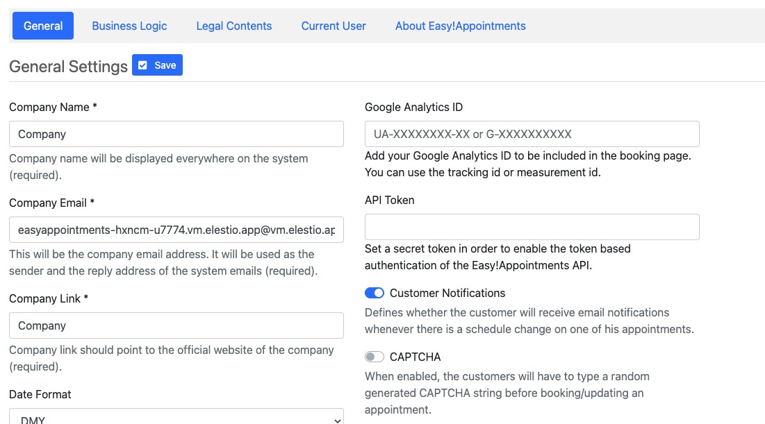 EasyAppointments configuring Settings screen