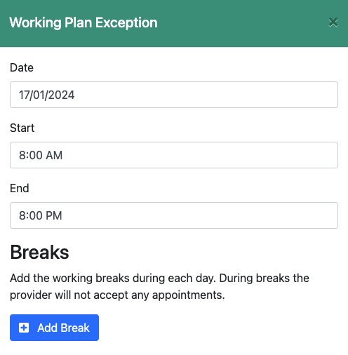 EasyAppointments adding Working Plan screen