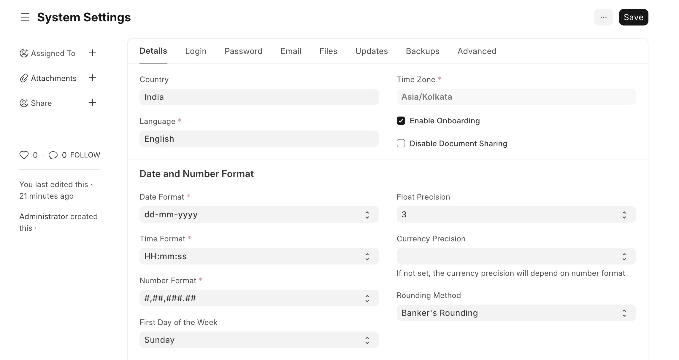 ERPNext System Settings screen