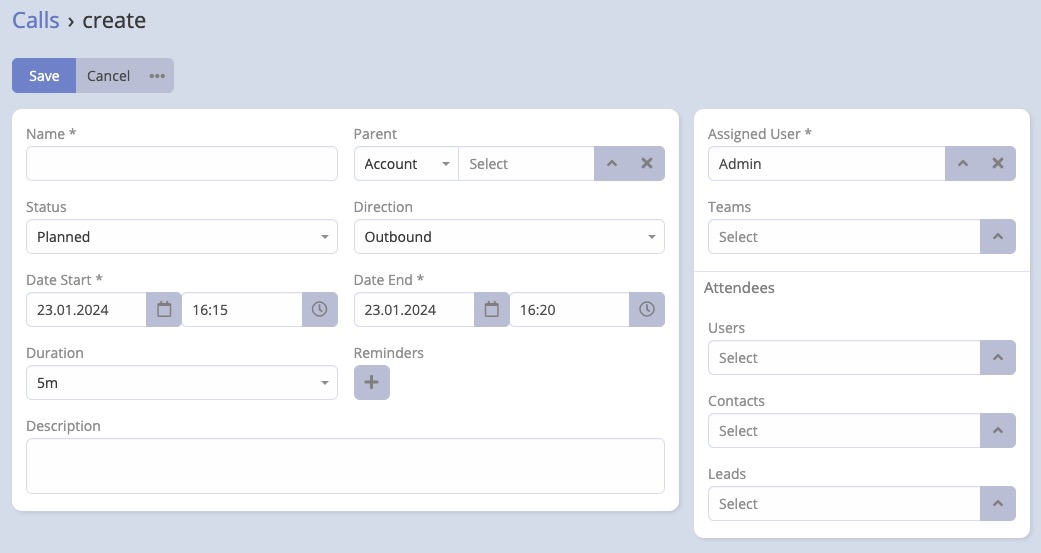 EspoCRM Calls screen