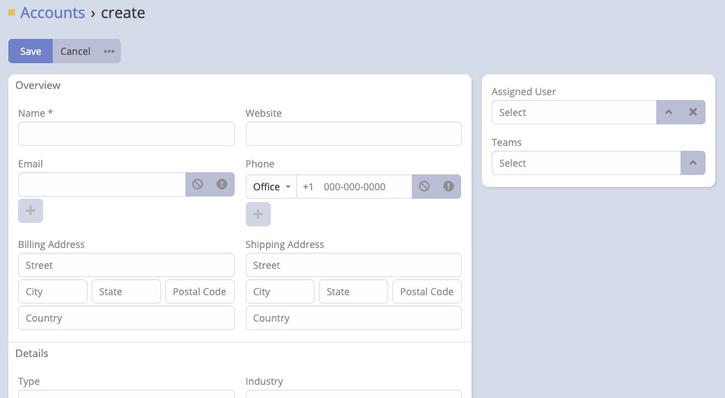 EspoCRM Create Accounts screen