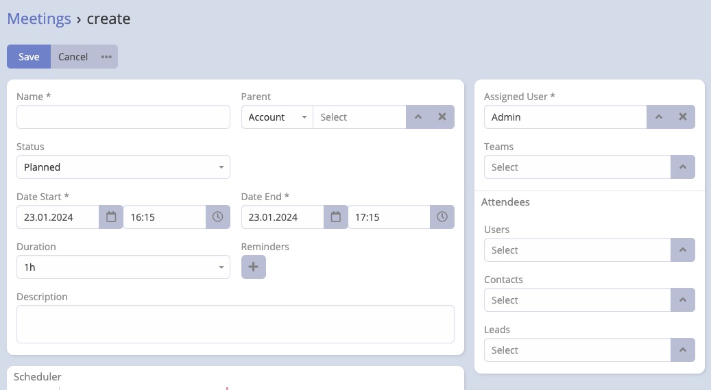 EspoCRM Meetings screen