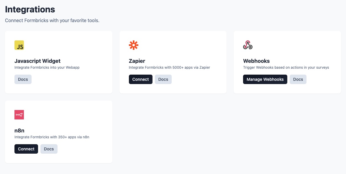 Formbricks Integrations screen