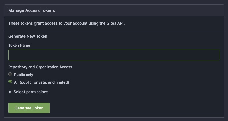 Gitea Access Token screen