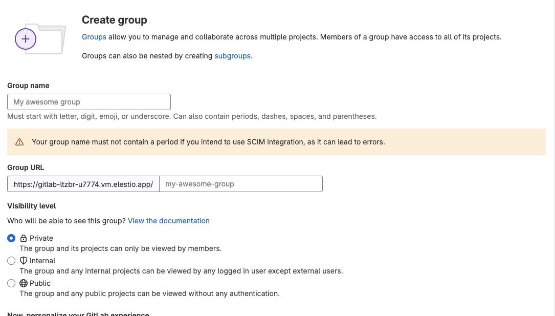 GitLab Creating Group screen