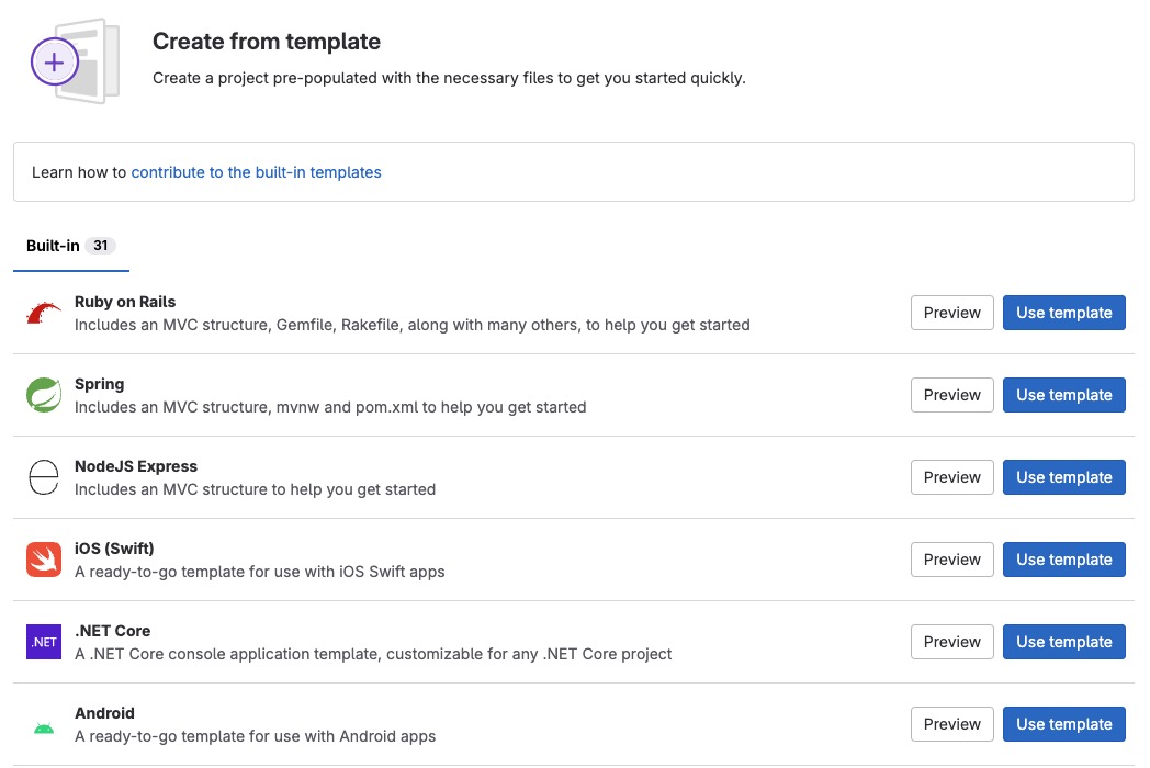 GitLab Project from Template screen