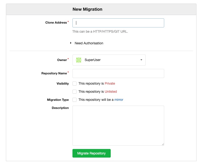 Gogs Creating Migrate screen