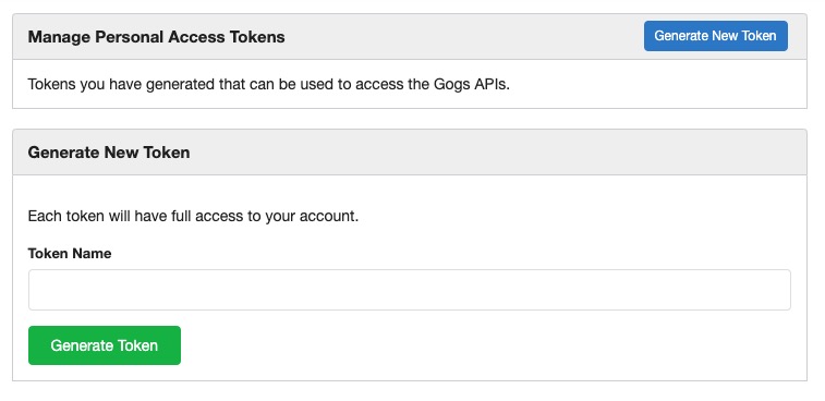 Gogs Personal Access Token screen