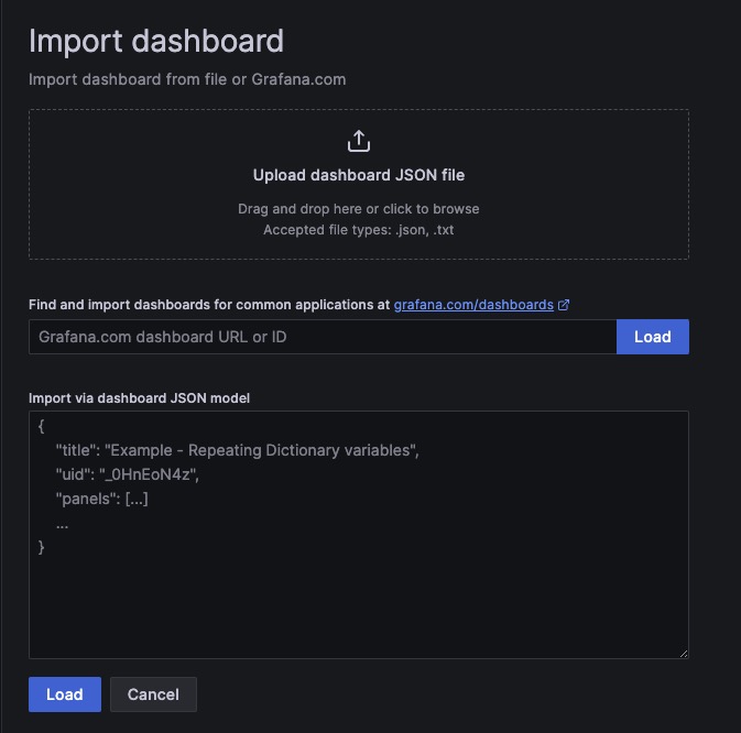 Grafana Import dashboard screen