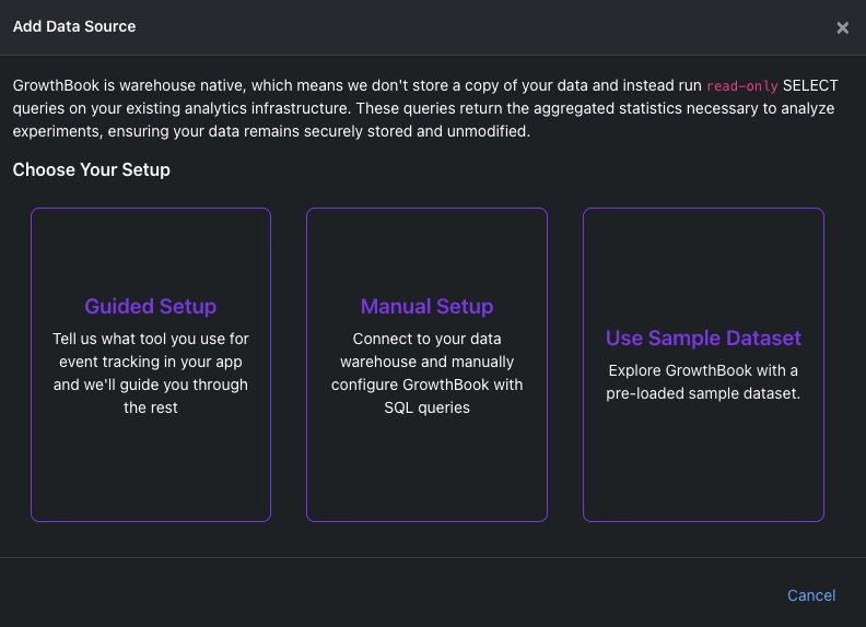 GrowthBook Adding Data Source screen