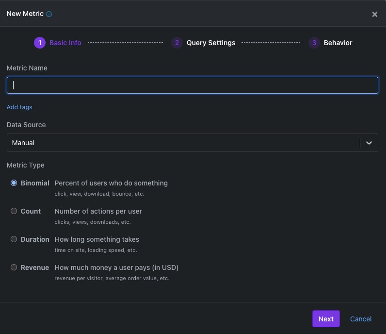 GrowthBook Adding Metric screen