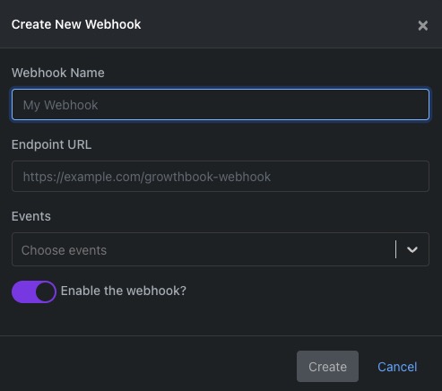 GrowthBook Creating Webhooks screen