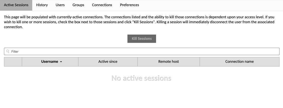 Guacamole Active Sessions screen