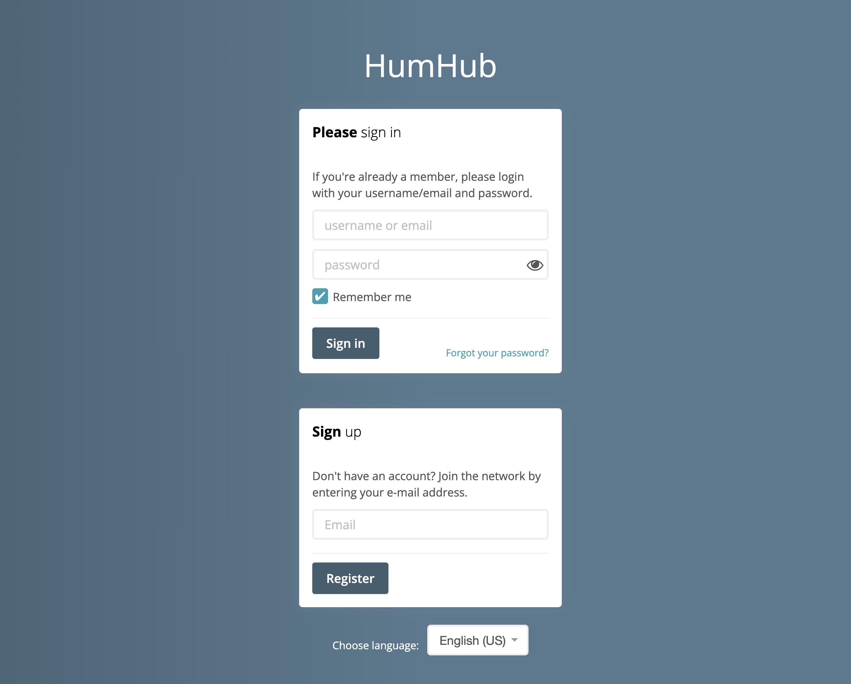 Humhub login screen