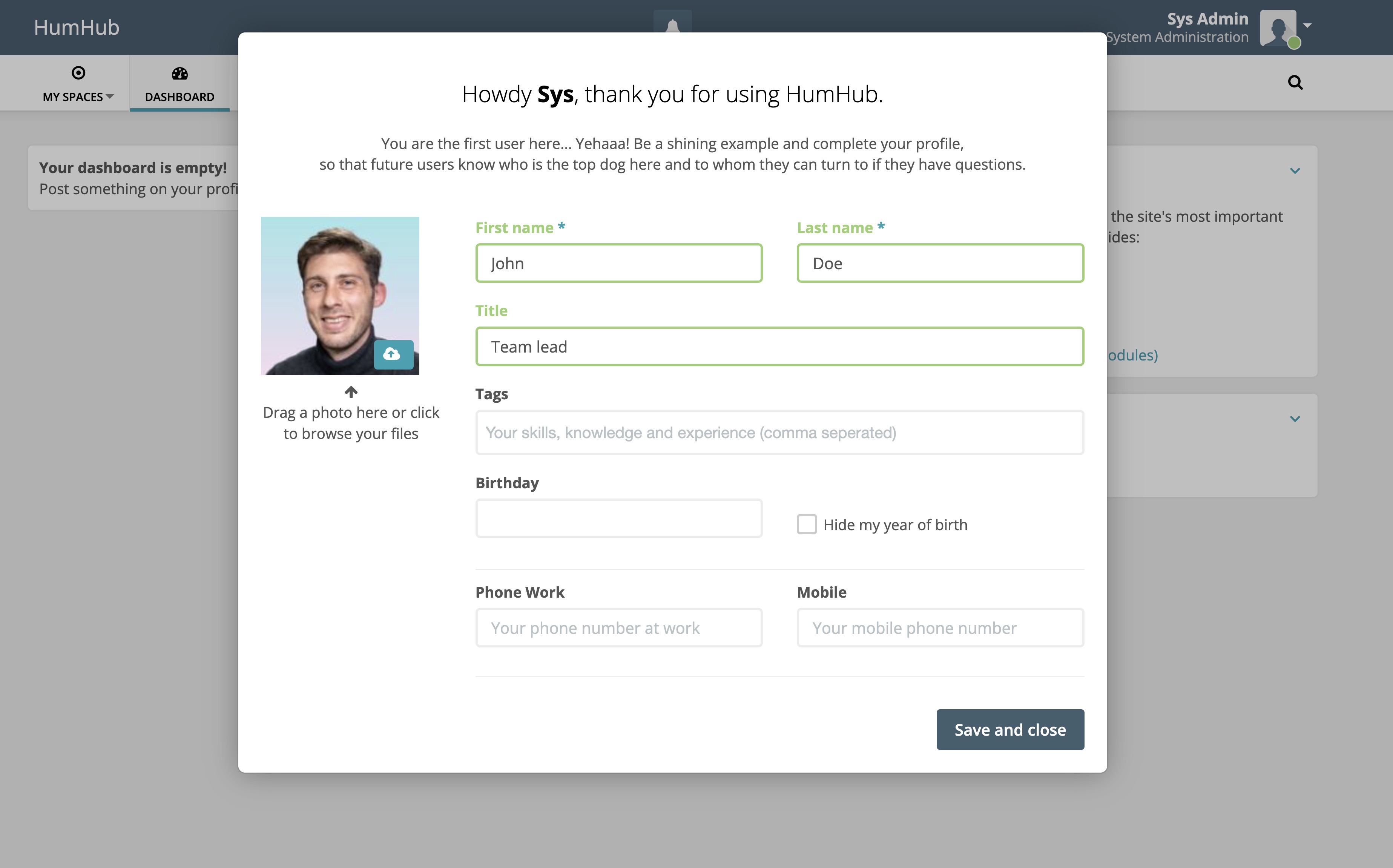 Humhub profile creation screen