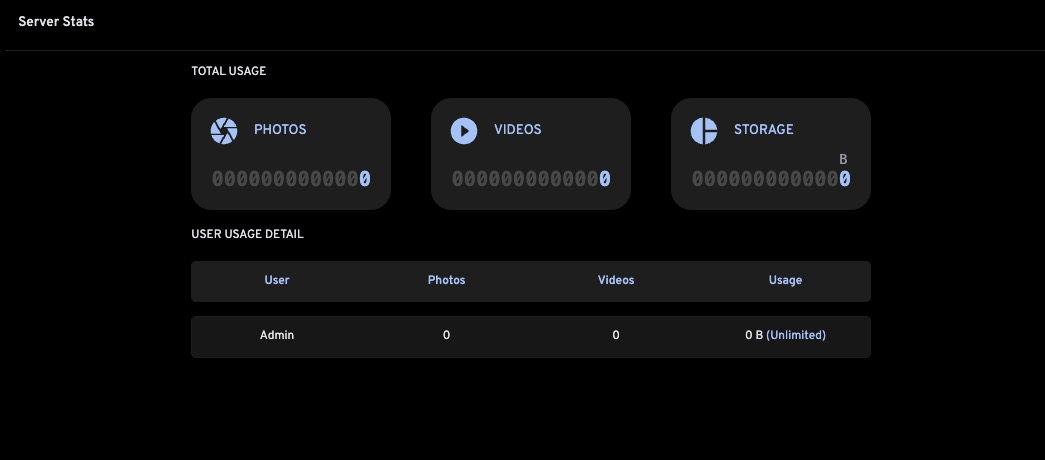 Immich Server Stats screen