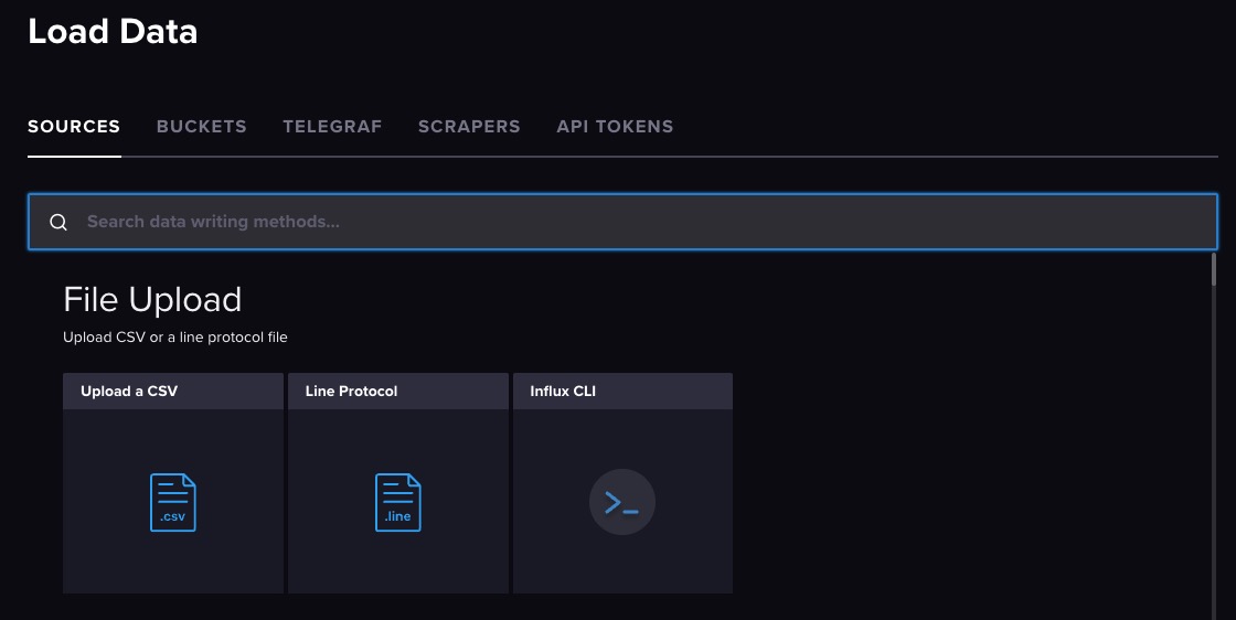 InfluxDB Load Data screen