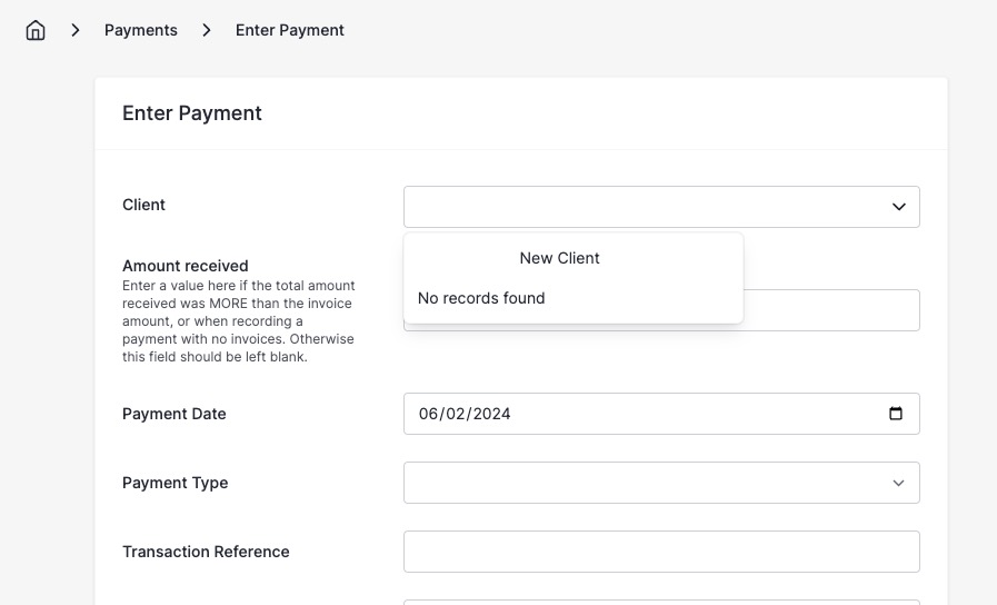 InvoiceNinja Creating Payment screen