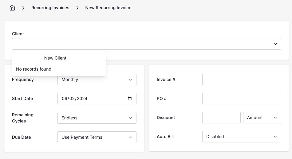 InvoiceNinja Creating Recurring Invoice screen