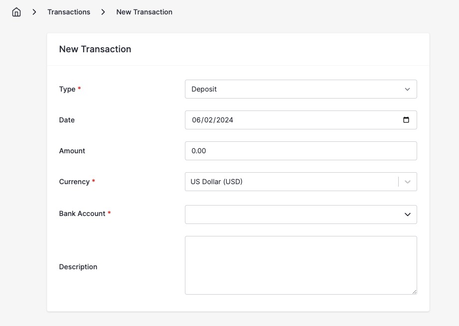 InvoiceNinja Creating Transaction screen