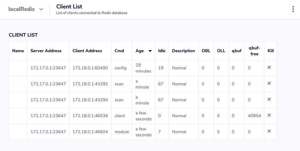 KeyDB Client List screen