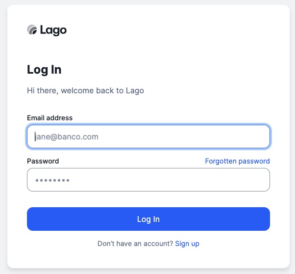 Lago Login screen