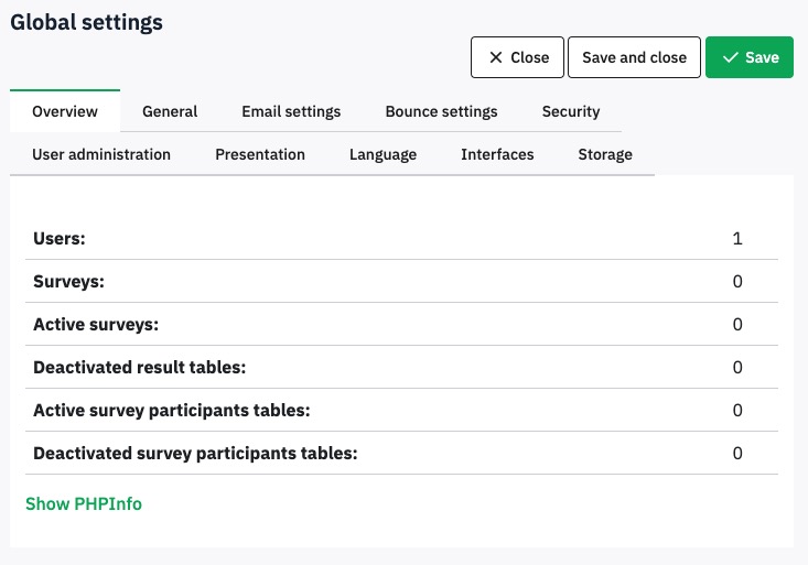 LimeSurvey Global Settings screen