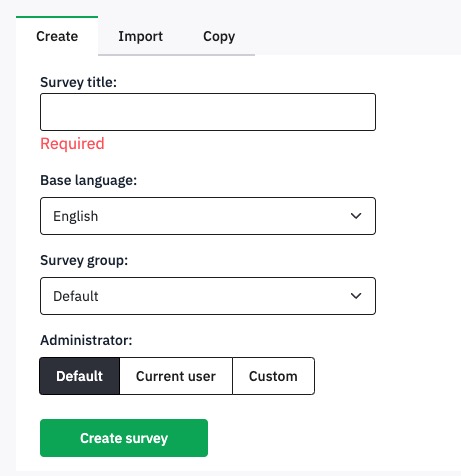 LimeSurvey Creating Survey screen