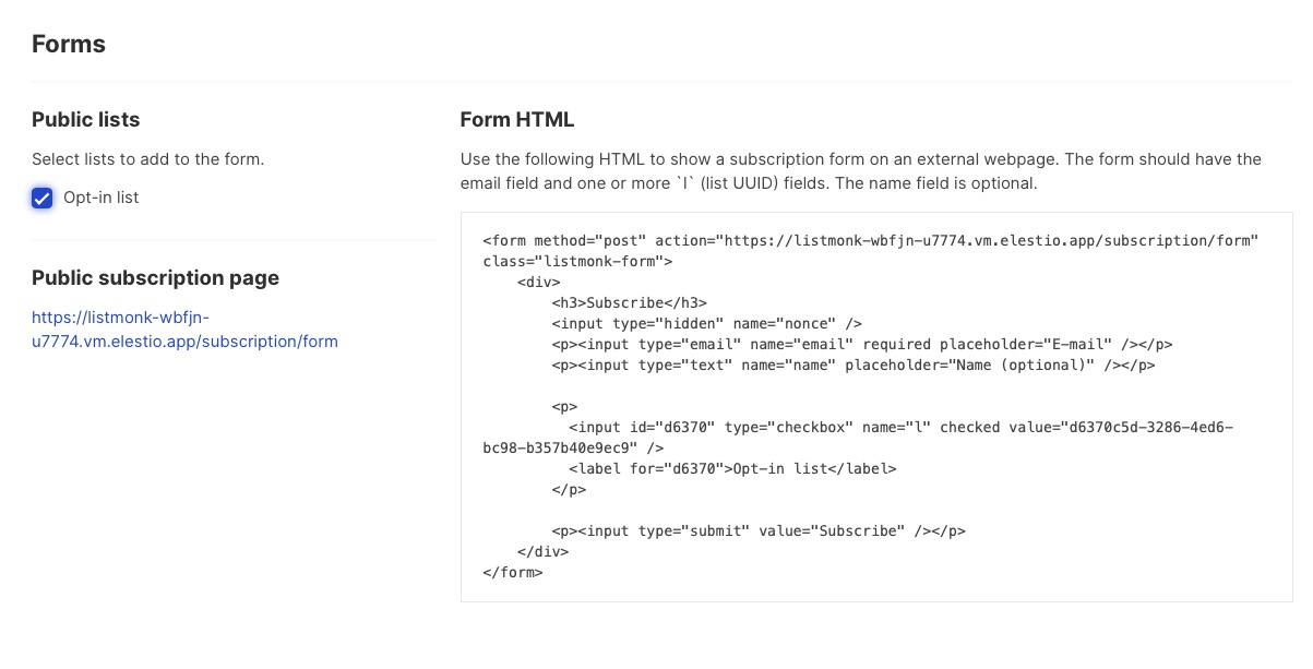 Listmonk create embeddable forms