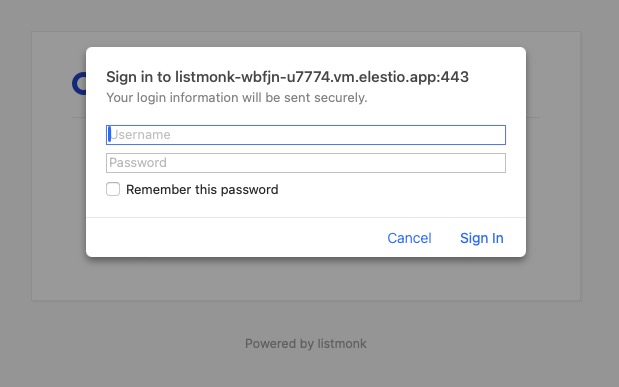 Listmonk login screen