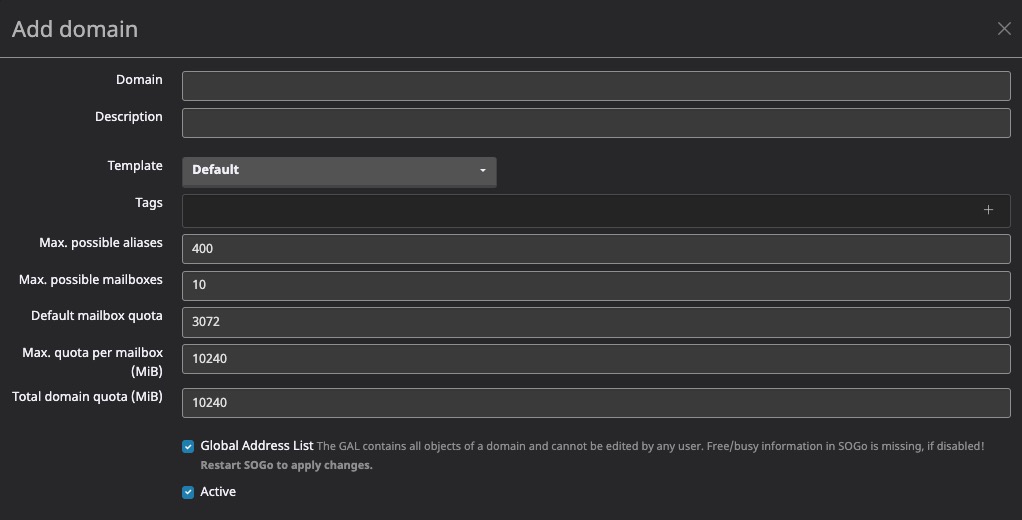 Mailcow Domain Screen