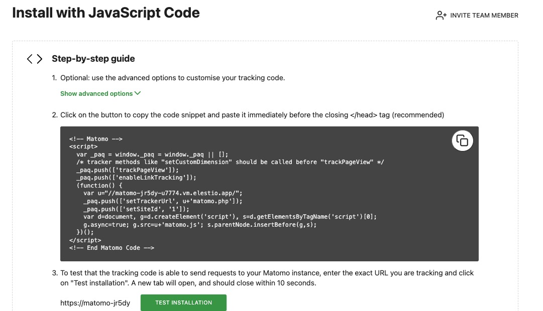 Matomo Install with Javascript Code Screen