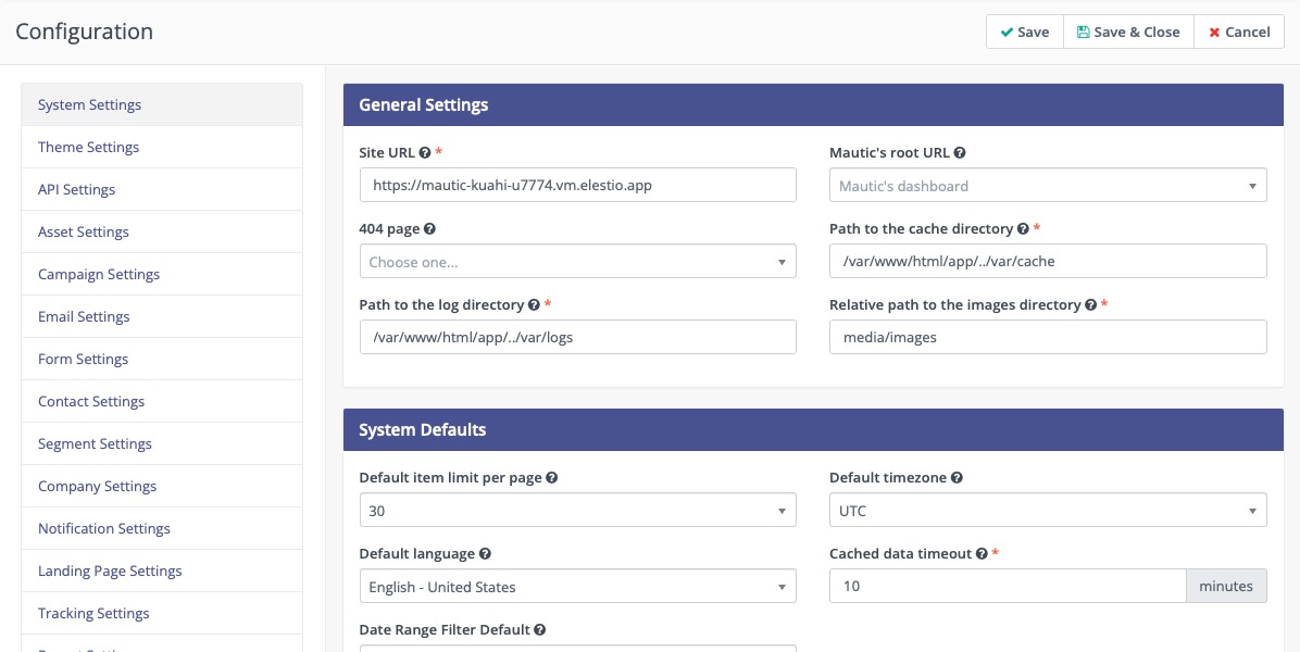 Mautic configuration screen