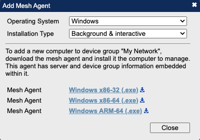 MeshCentral Creating Agent Screen