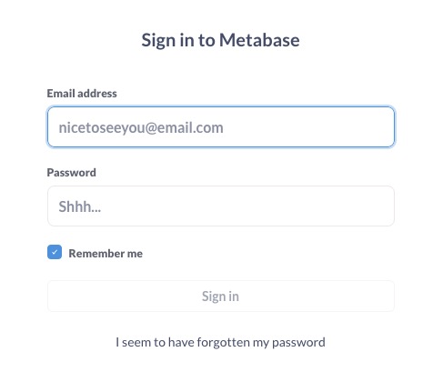 Metabase Log In screen